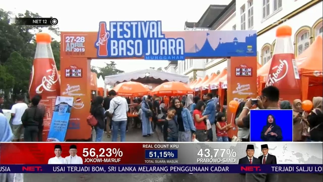 Festival Baso Juara 2019 - NET 12 television news coverage of the festival with crowds at entrance gate